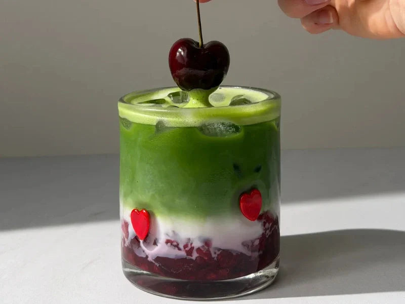 Cherry Matcha Latte layered drink recipe in Dubai UAE made with ceremonial matcha