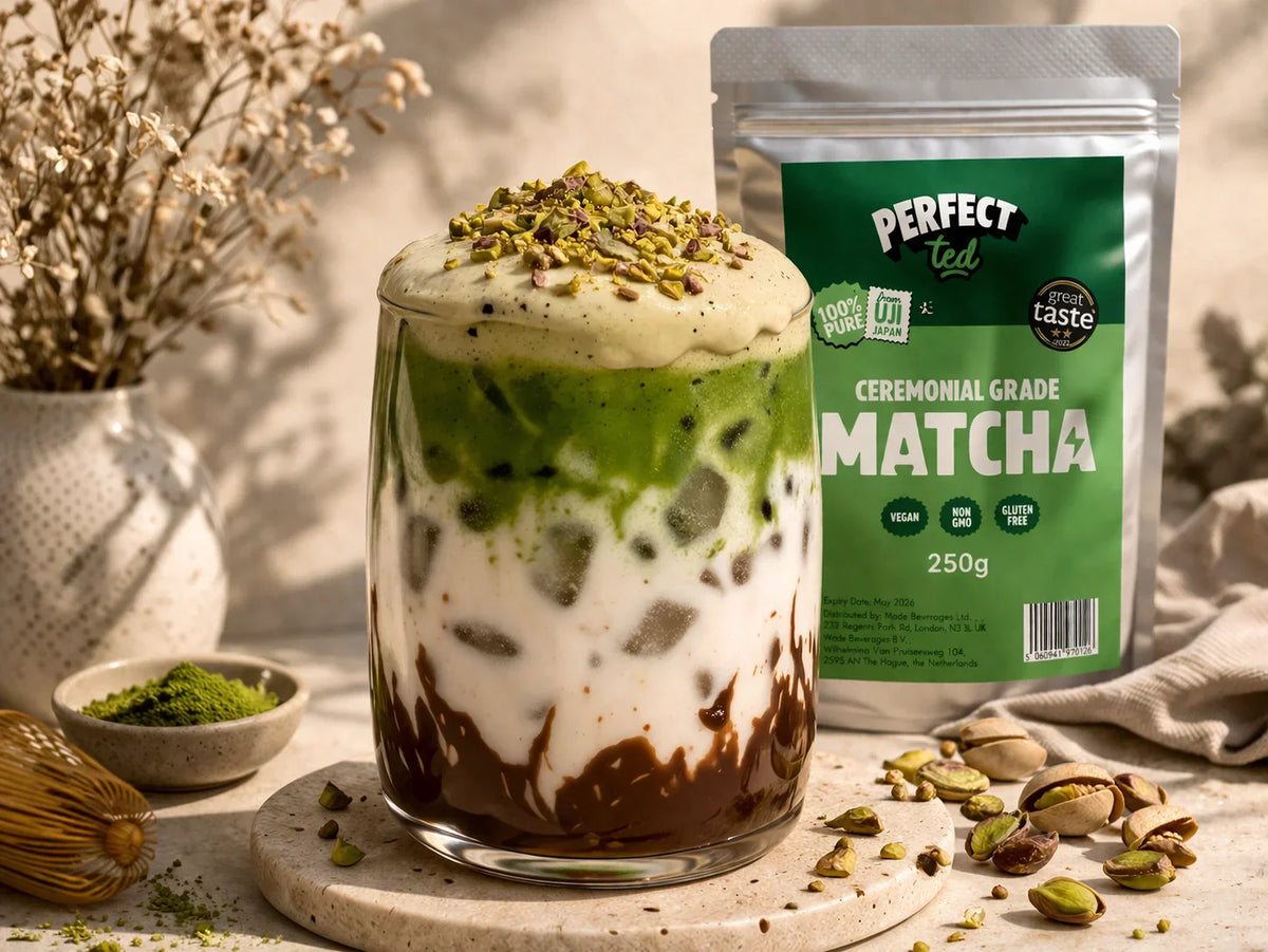 dubai chocolate matcha latte with pistachio cream and oat milk layered drink
