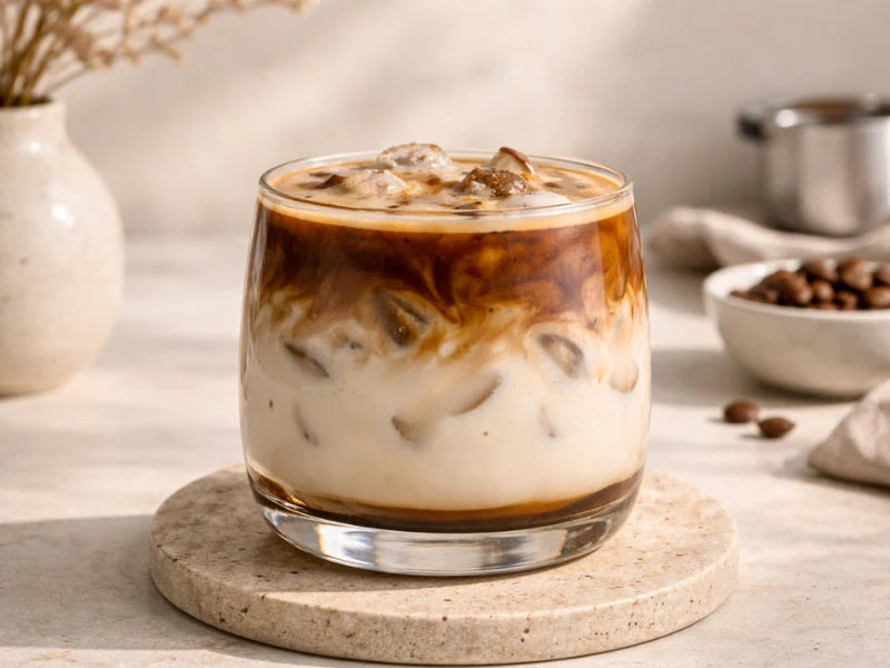 iced spanish latte with oat milk and espresso layered coffee drink