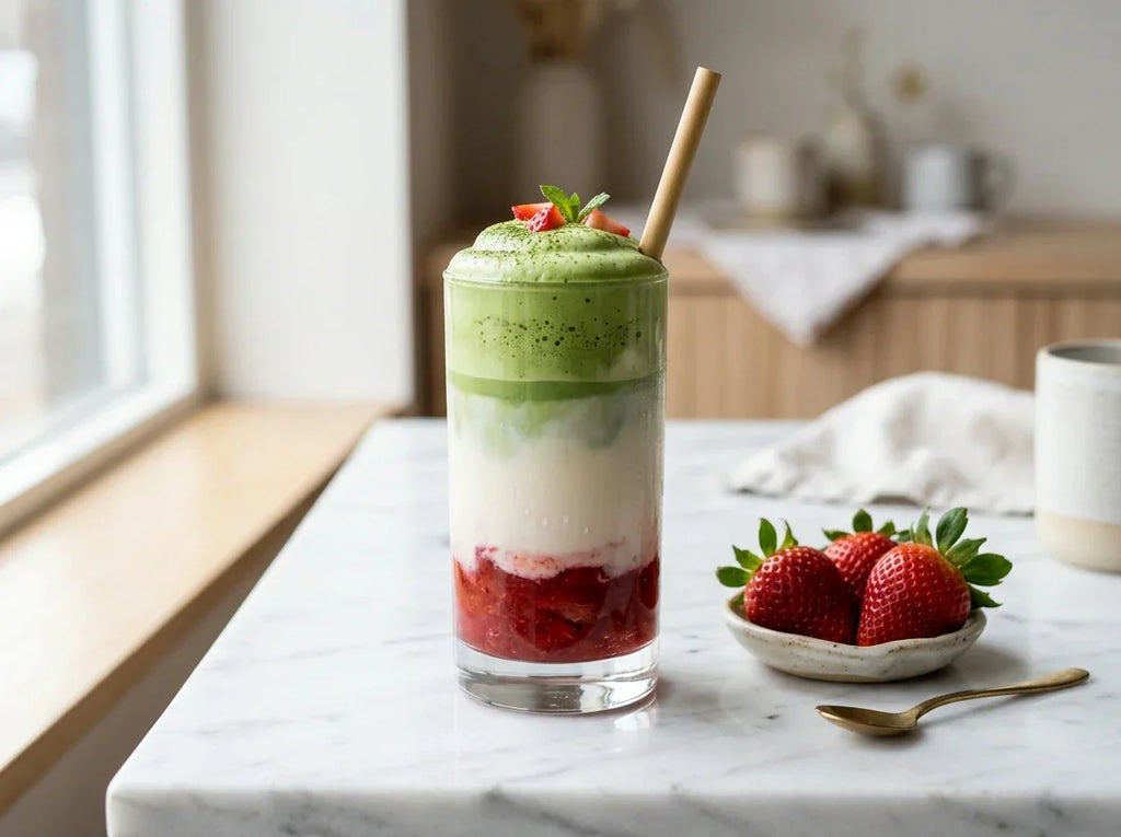 strawberry matcha cloud latte layered drink with oat milk and matcha foam