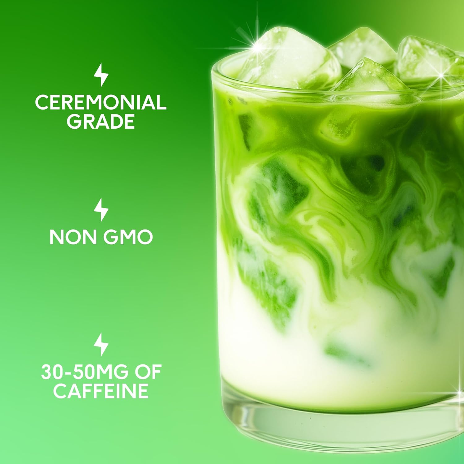 Glass of iced matcha with text on a green background