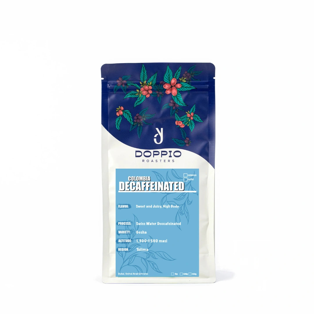 Colombia Swiss Water Decaffeinated Gesha specialty coffee beans with sweet juicy profile and rich body by Bella Coffee UAE