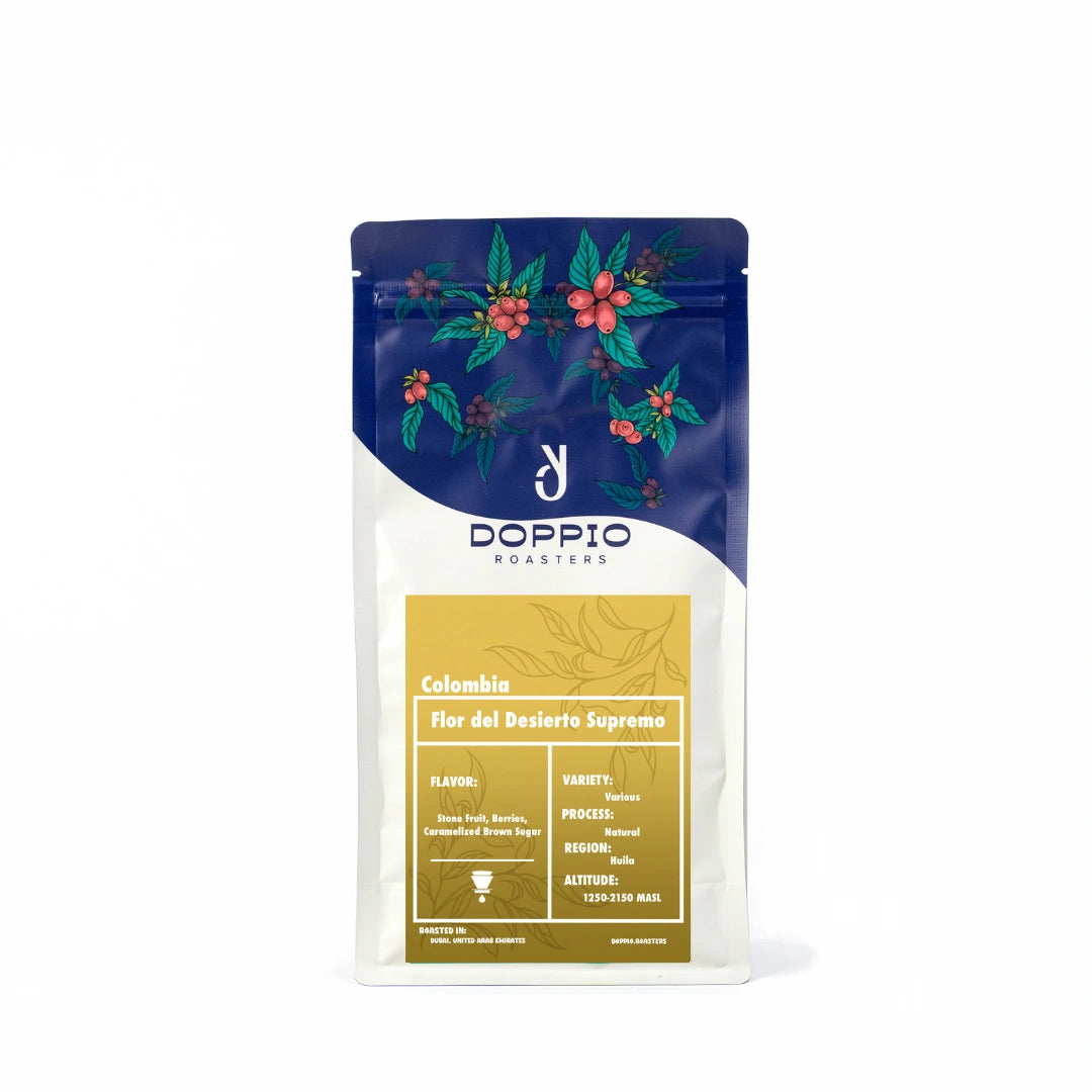 Colombia Flor Del Desierto Supremo natural specialty coffee beans with stone fruit, berries and caramelized brown sugar notes by Bella Coffee UAE