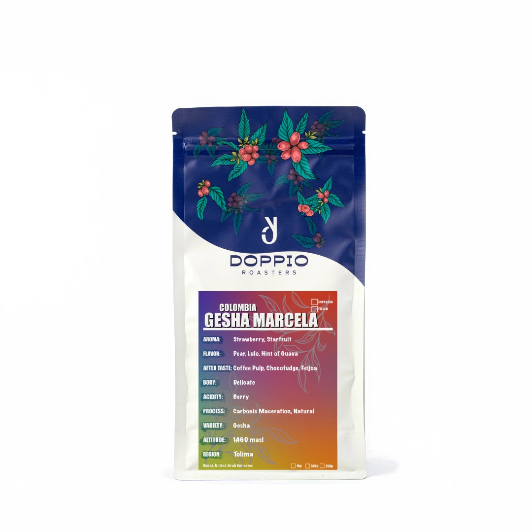 Colombia Gesha Marcela specialty coffee beans with strawberry, starfruit, pear and guava tasting notes by Bella Coffee UAE