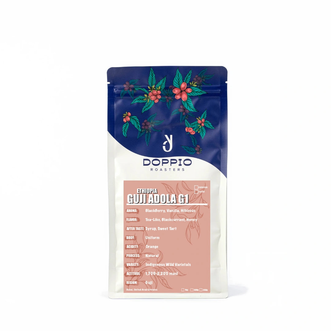 Ethiopia Guji Adola Grade 1 natural specialty coffee beans with blackberry, hibiscus, blackcurrant and honey tasting notes by Bella Coffee UAE