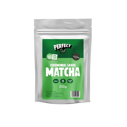 Packaging of Perfect Tea ceremonial grade matcha on a white background