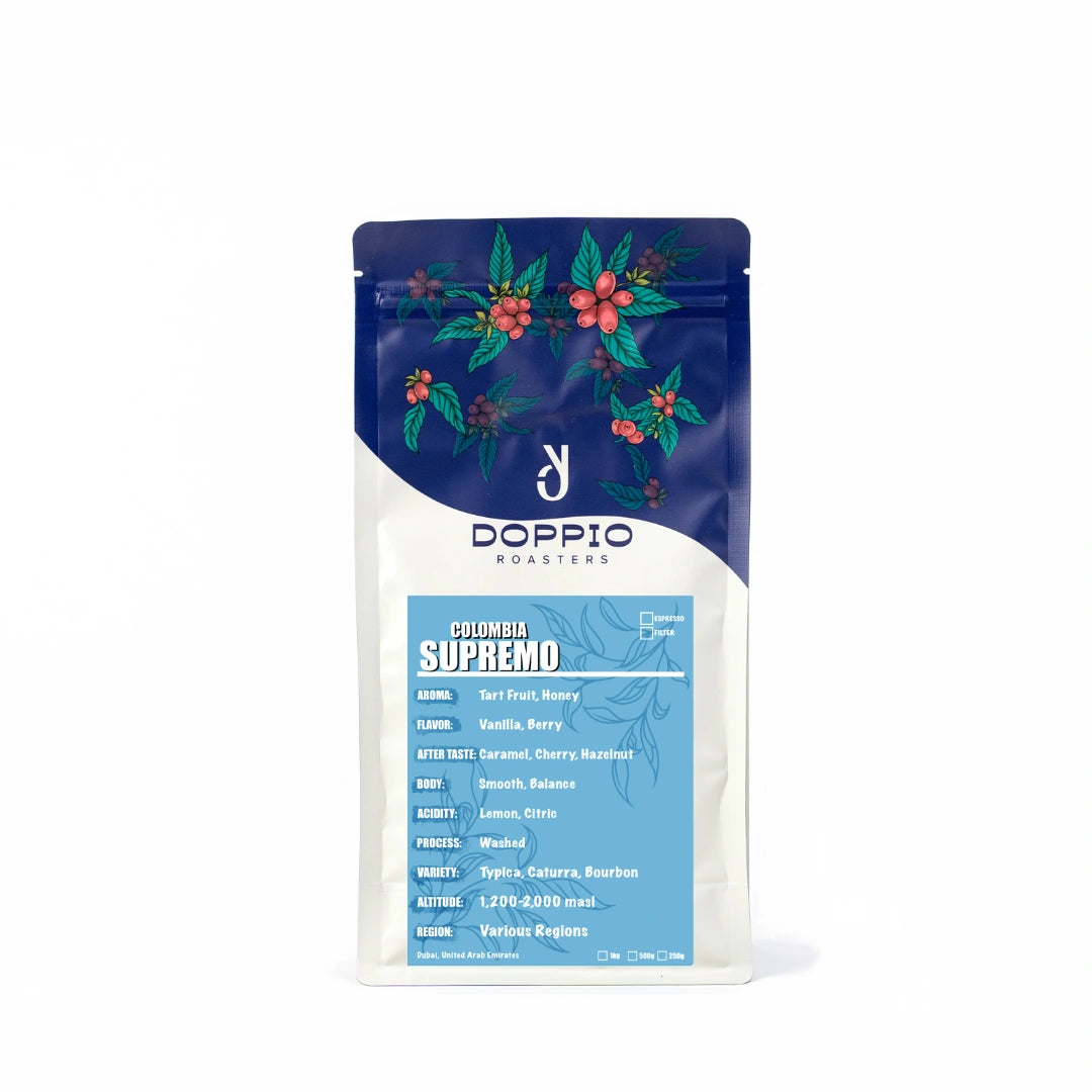 Colombia Supremo washed specialty coffee beans with vanilla, berry, caramel and hazelnut tasting notes by Bella Coffee UAE