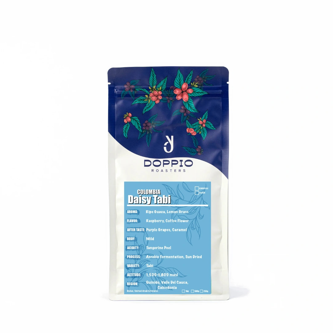 Colombia Daisy Tabi specialty coffee beans with raspberry, coffee flower, purple grape and caramel tasting notes by Bella Coffee UAE