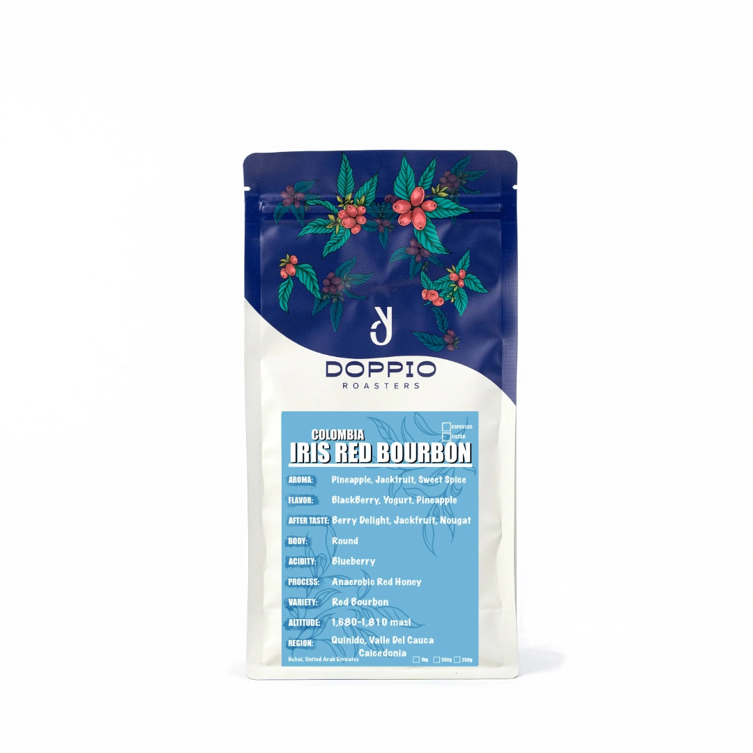 Colombia Iris Red Bourbon specialty coffee beans with pineapple, blackberry yogurt, jackfruit and nougat tasting notes by Bella Coffee UAE