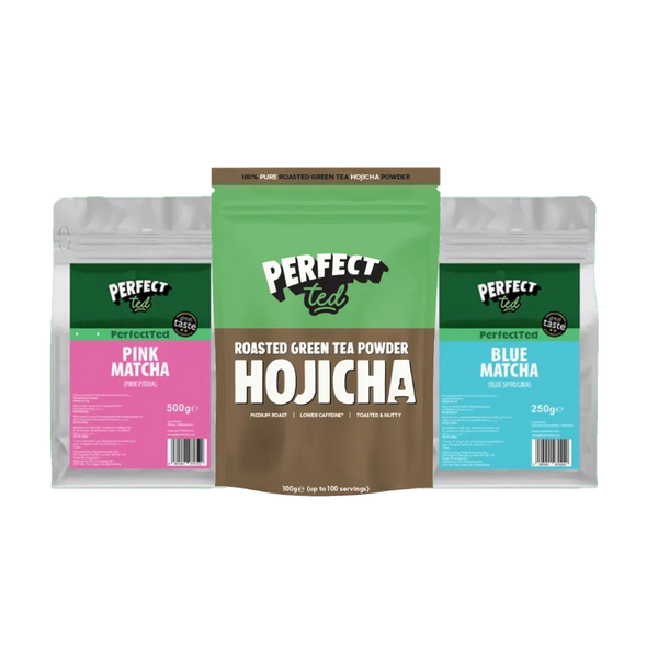 Hojicha, Blue & Pink Matcha